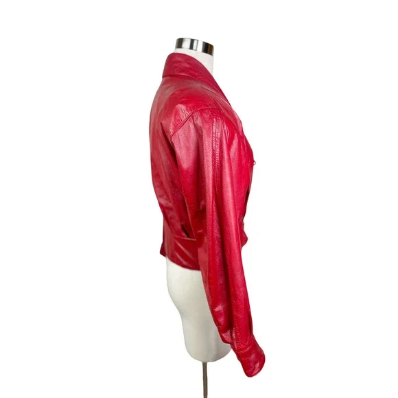 Vintage 1980's Red Leather Cropped Pelle Cuir Moto Jacket - Lined - Size M - Picture 7 of 10